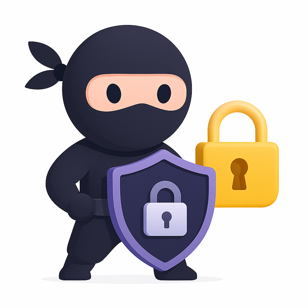 Cartoon ninja holding a shield with a padlock symbol in front of a larger yellow padlock.