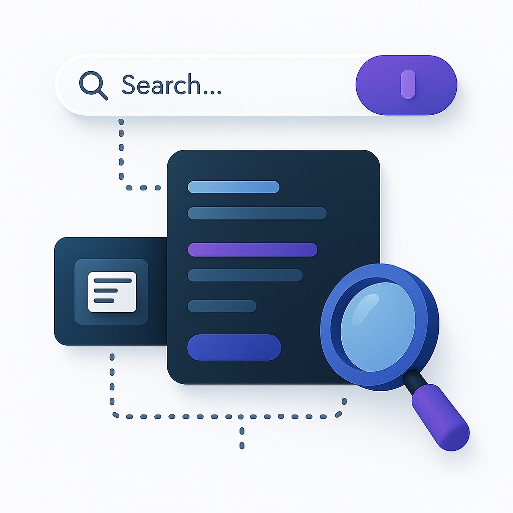 Illustration of a white search bar with a purple toggle and a magnifying glass focusing on a dark blue interface with colored lines and a text icon.