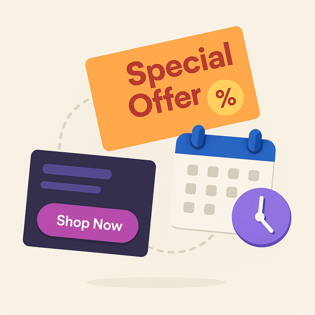 Illustration of a special offer tag, a calendar with a clock symbol, and a card with a purple Shop Now button.