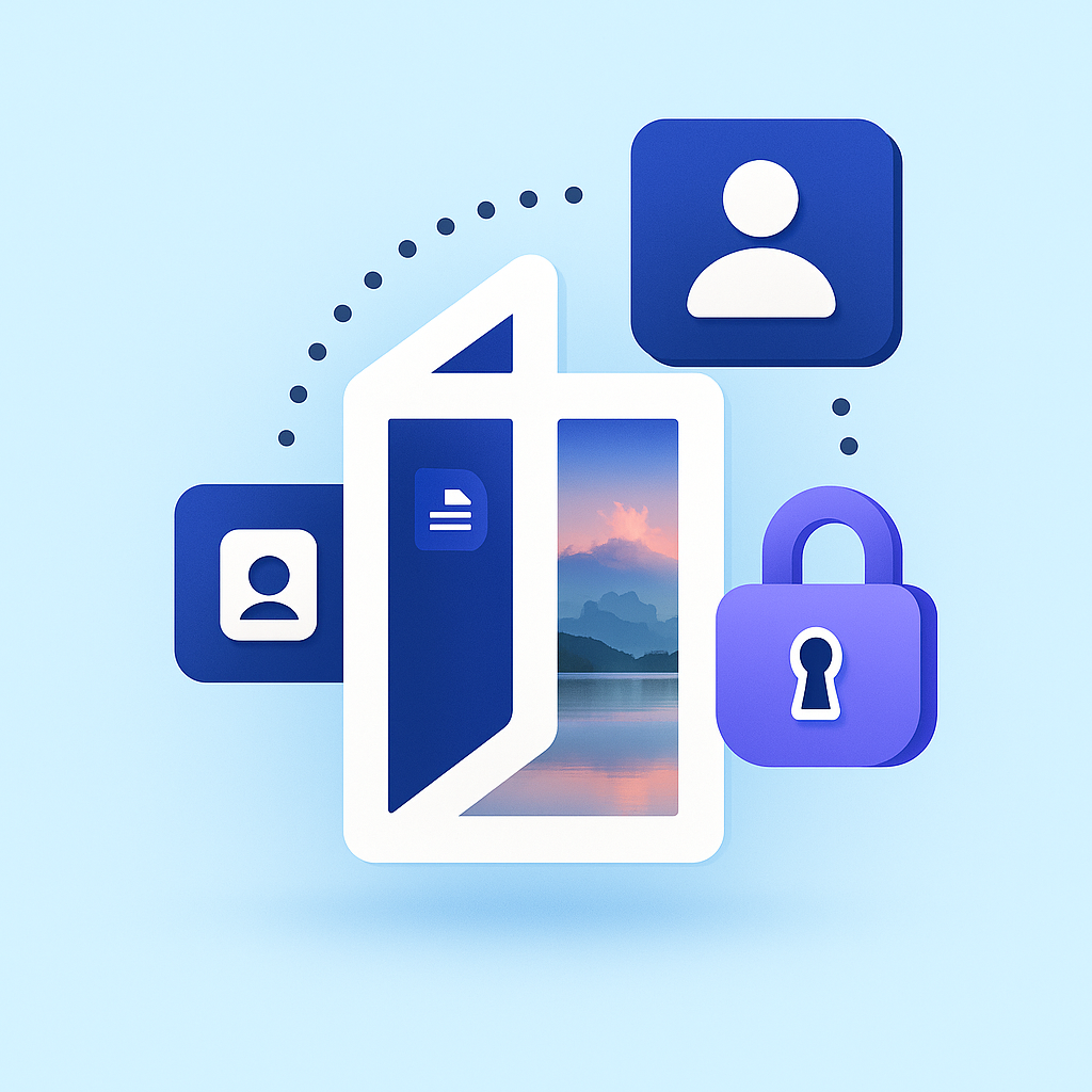 Illustration of a digital document with user icons and a padlock symbol representing secure file sharing or access.