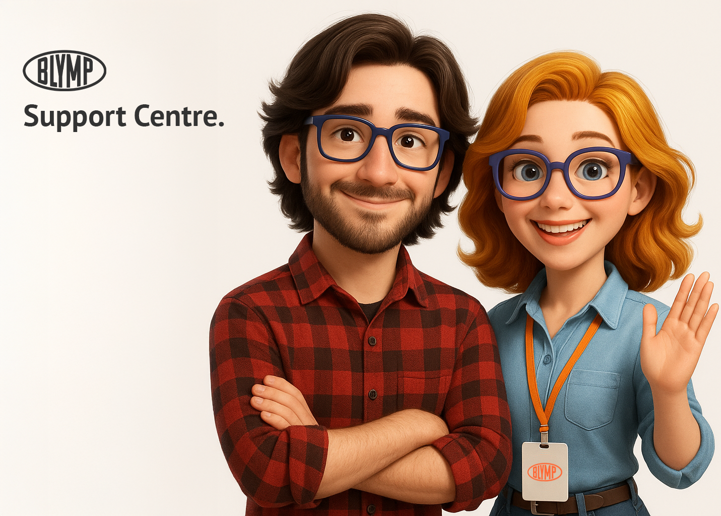 Smiling male with glasses in red checkered shirt and female with glasses in blue shirt waving, both representing BLYMP Support Centre.