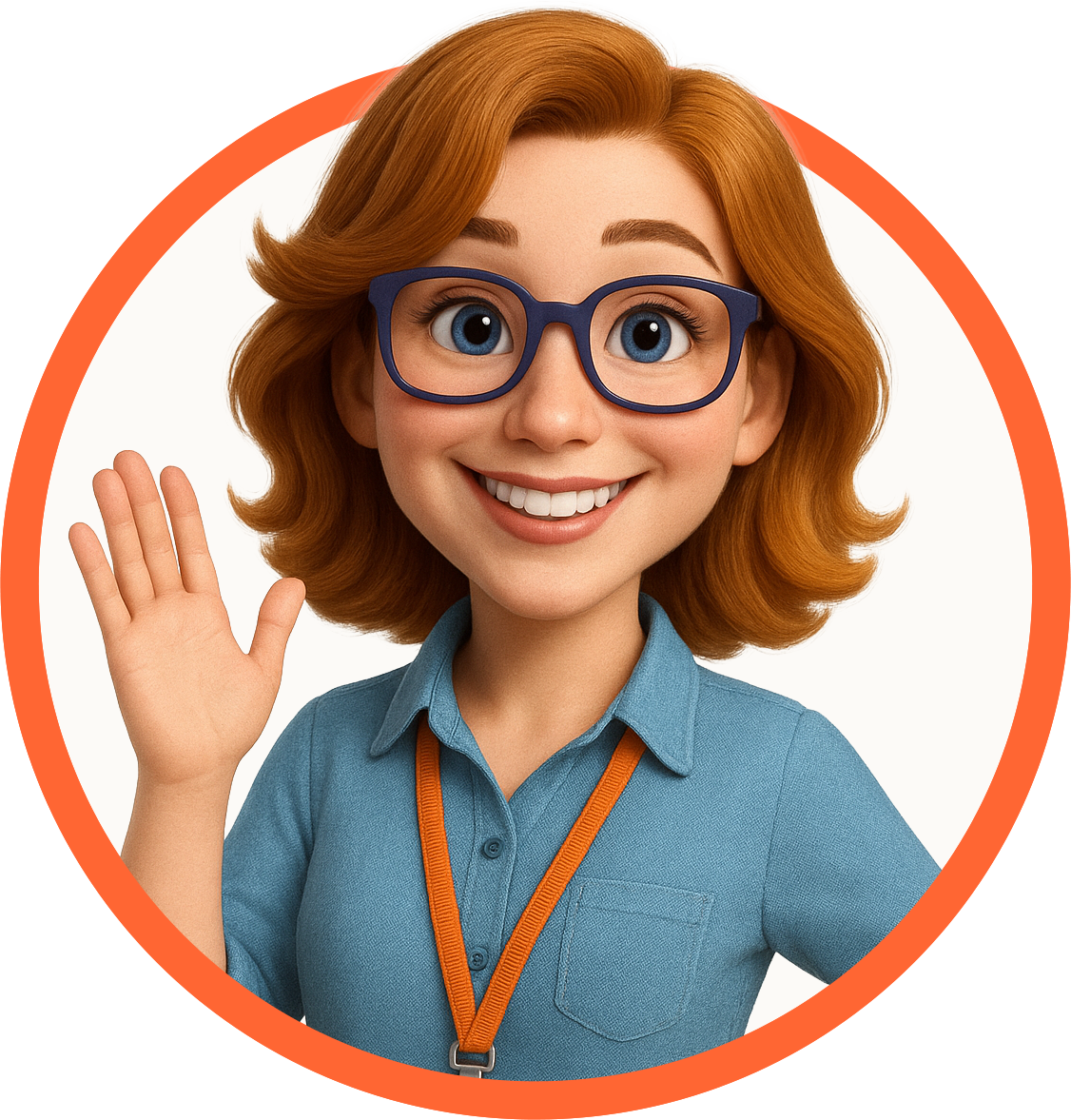 Smiling animated woman with red hair, glasses, and a blue shirt waving inside an orange circle frame.