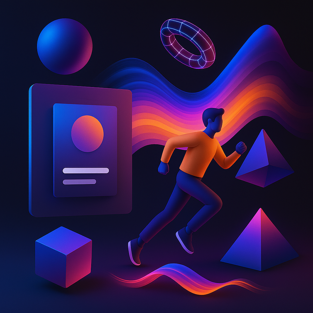 3D illustration of a person running surrounded by geometric shapes and glowing colorful waves on a dark background.