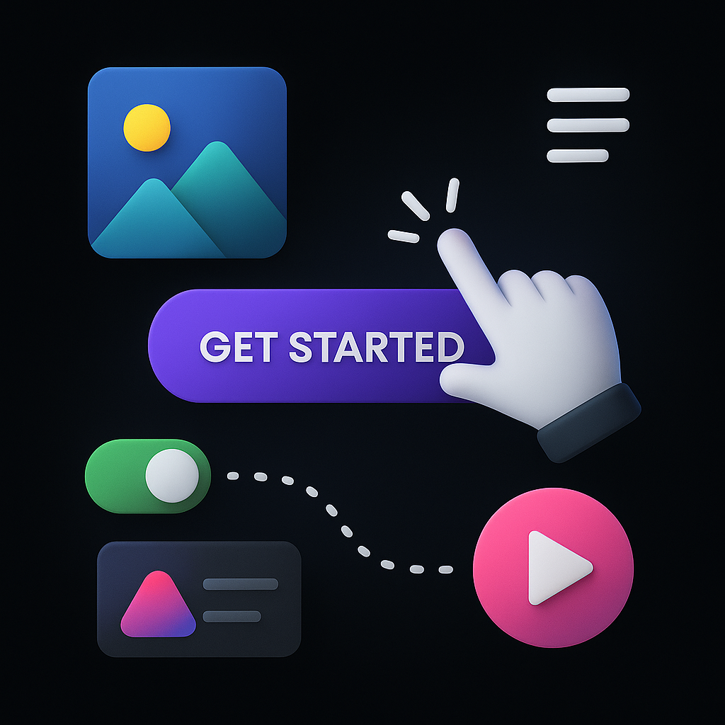 Hand cursor clicking a purple 'Get Started' button surrounded by image, toggle switch, play button, and menu icons on a dark background.