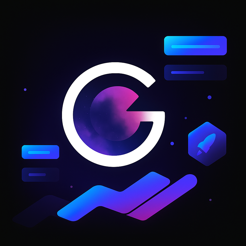 Stylized white letter G with purple and blue gradient shapes, including a rocket icon and abstract bars on a dark background.