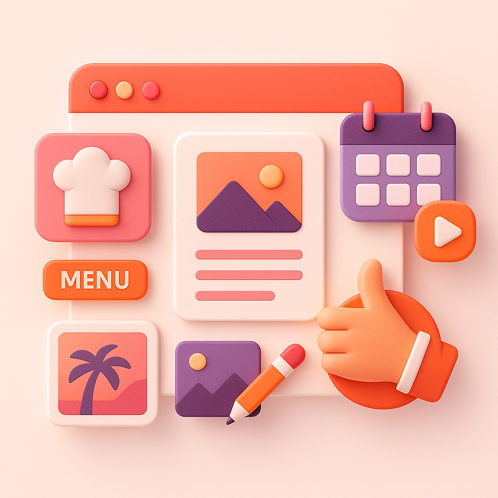 3D icons and elements representing a menu with chef hat, photos, calendar, play button, pencil, and thumbs-up on a webpage interface.