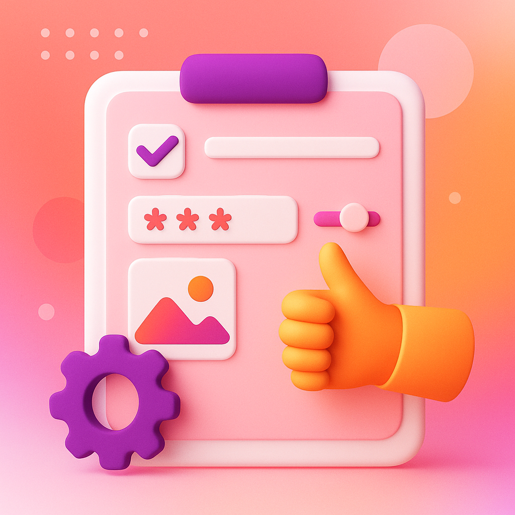 3D illustration of a clipboard with a checklist, password field, image icon, settings gear, and an orange thumbs-up on a pink and orange gradient background.