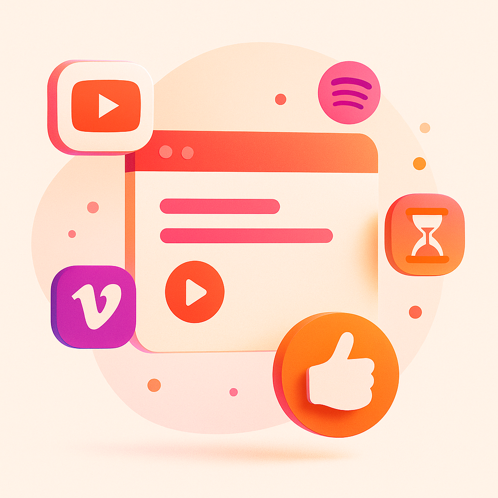 Illustration of a video player interface surrounded by icons for YouTube, Vimeo, Spotify, an hourglass, and a thumbs-up like symbol.