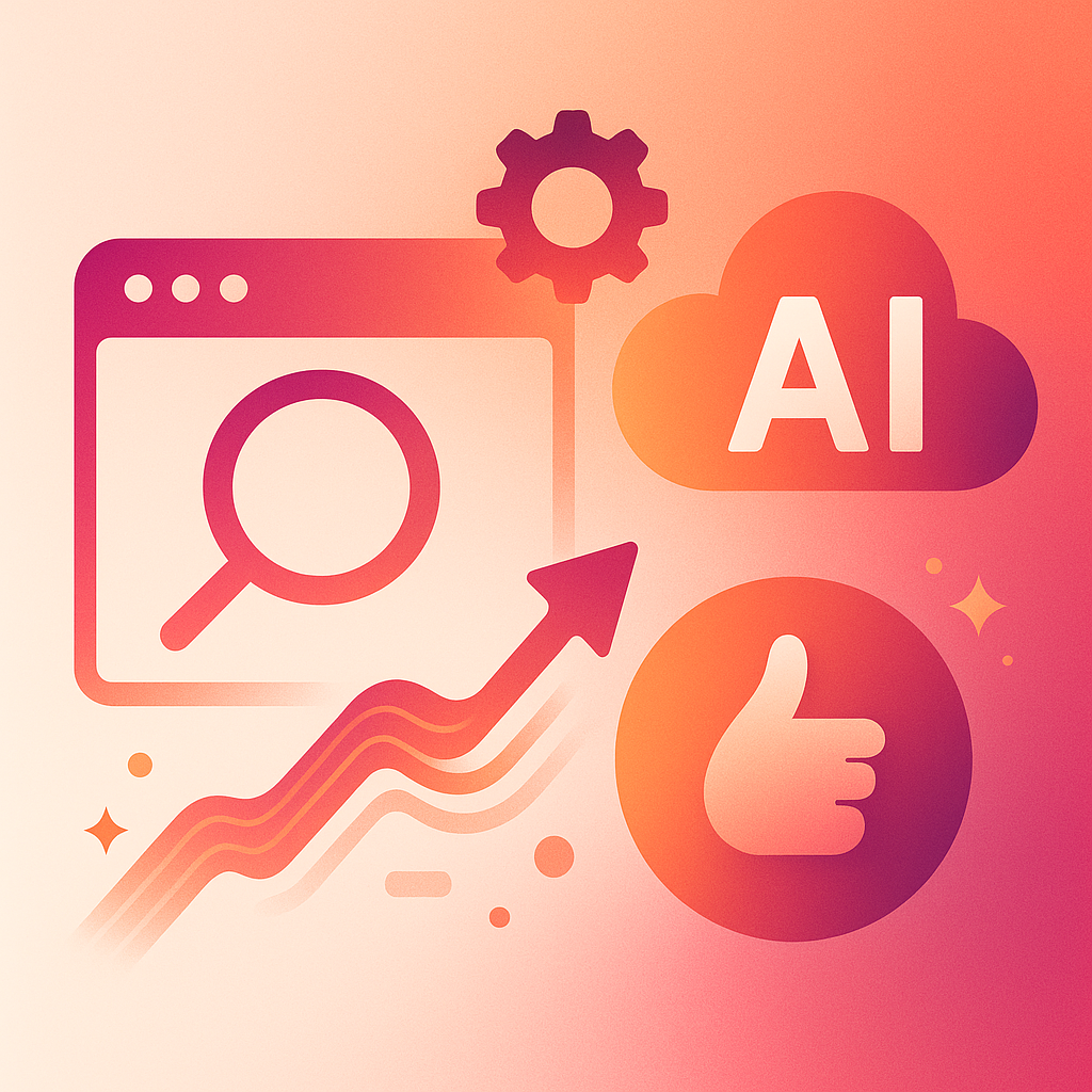 Illustration of a web browser with a magnifying glass, an upward arrow, a gear, AI cloud symbol, and a thumbs-up icon on a pink gradient background.