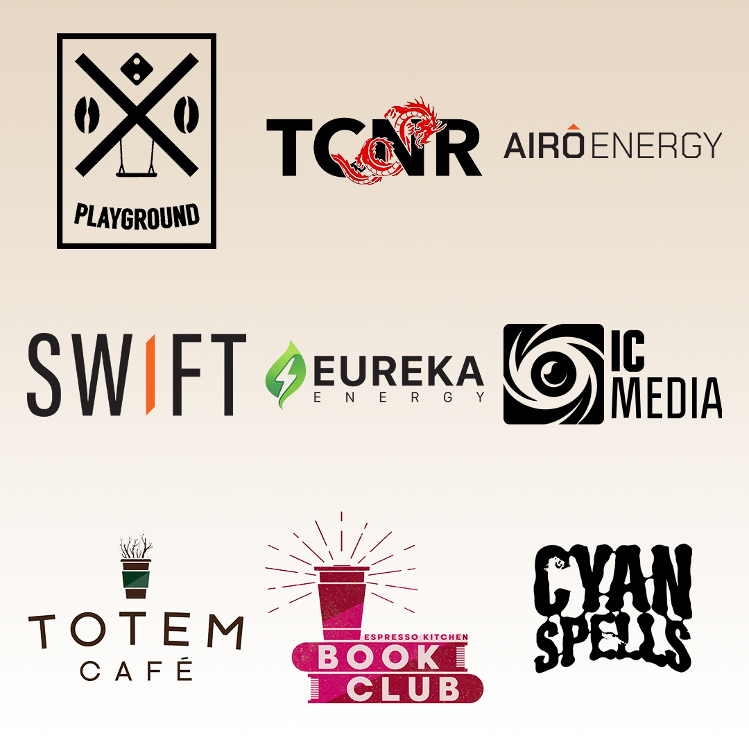 Grid of nine company logos including Playground with swing and dice, TONR with red dragon, AIRÔ Energy, SWIFT with orange accent, Eureka Energy with green leaf and lightning, IC Media swirl eye, Totem Café with potted plant, Book Club with coffee cup, and Cyan Spells in bold black font.