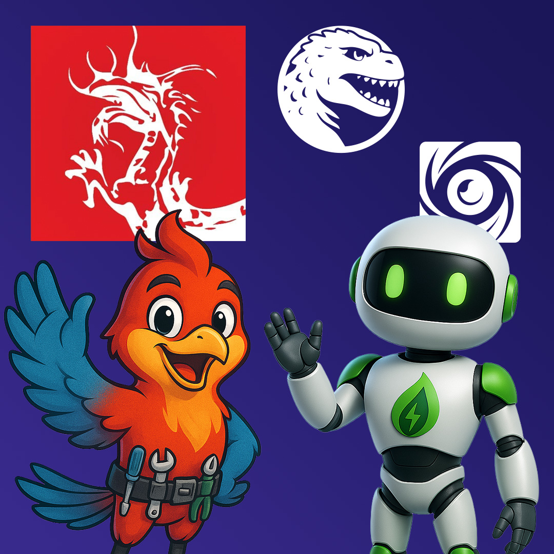 Cartoon red and blue bird with tool belt waving next to a white robot with green eyes and accents, on a dark blue background with three white and red dragon and swirl logos.