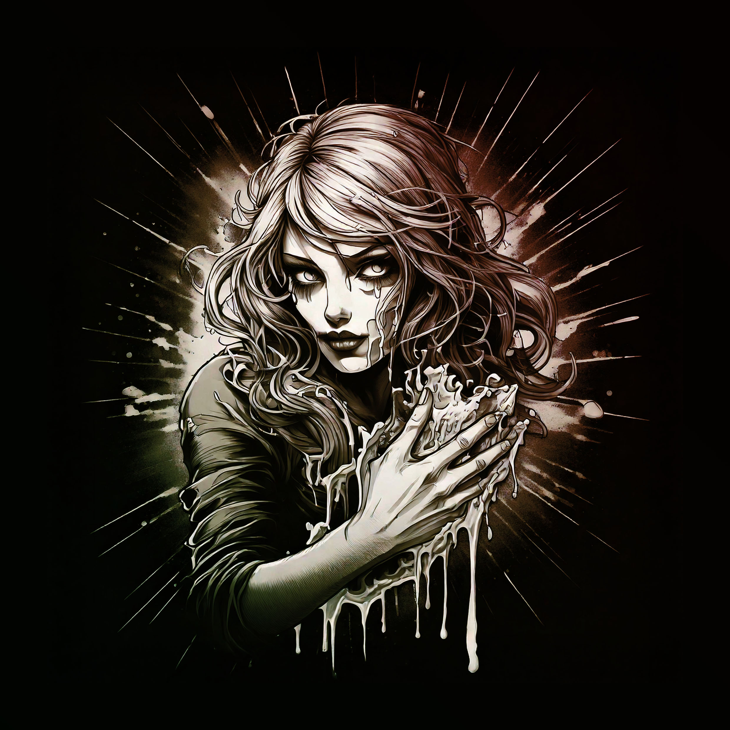 Monochrome digital artwork of a woman with flowing hair holding a melting, dripping object close to her chest with intense gaze.