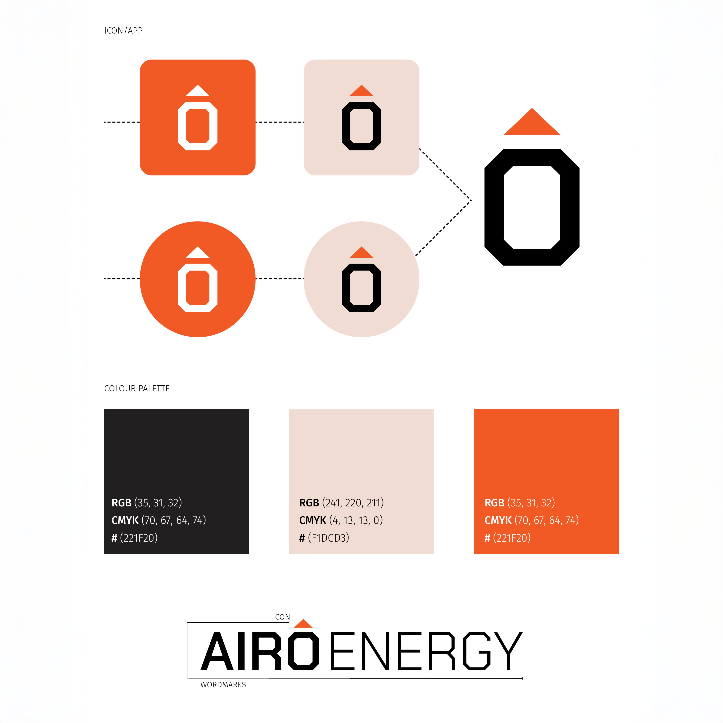 Branding guide showing logo variations of a stylized letter Ô with a red triangle above, and the wordmark AiRÔ ENERGY; includes color palette with black, light beige, and orange color swatches along with their RGB, CMYK, and hex codes.
