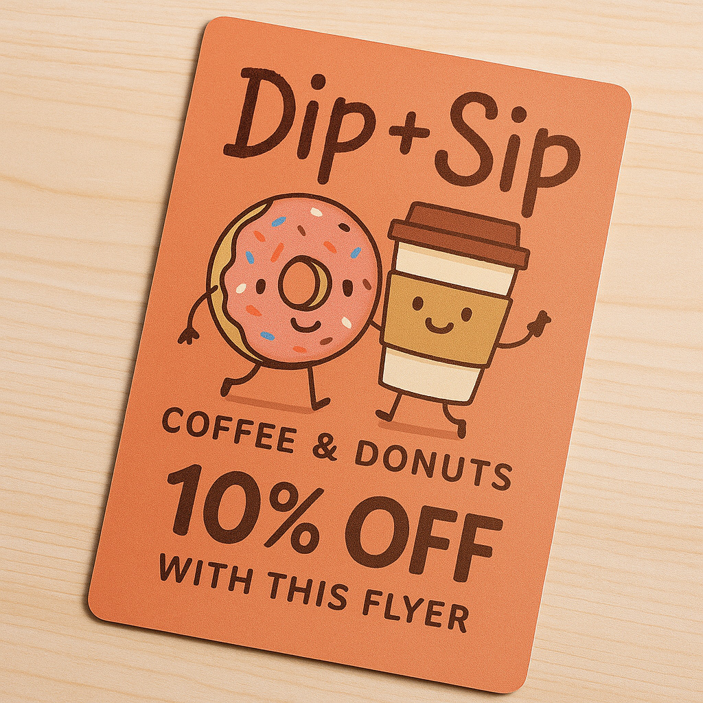 Flyer advertising 10% off coffee and donuts with a smiling donut and coffee cup illustration.