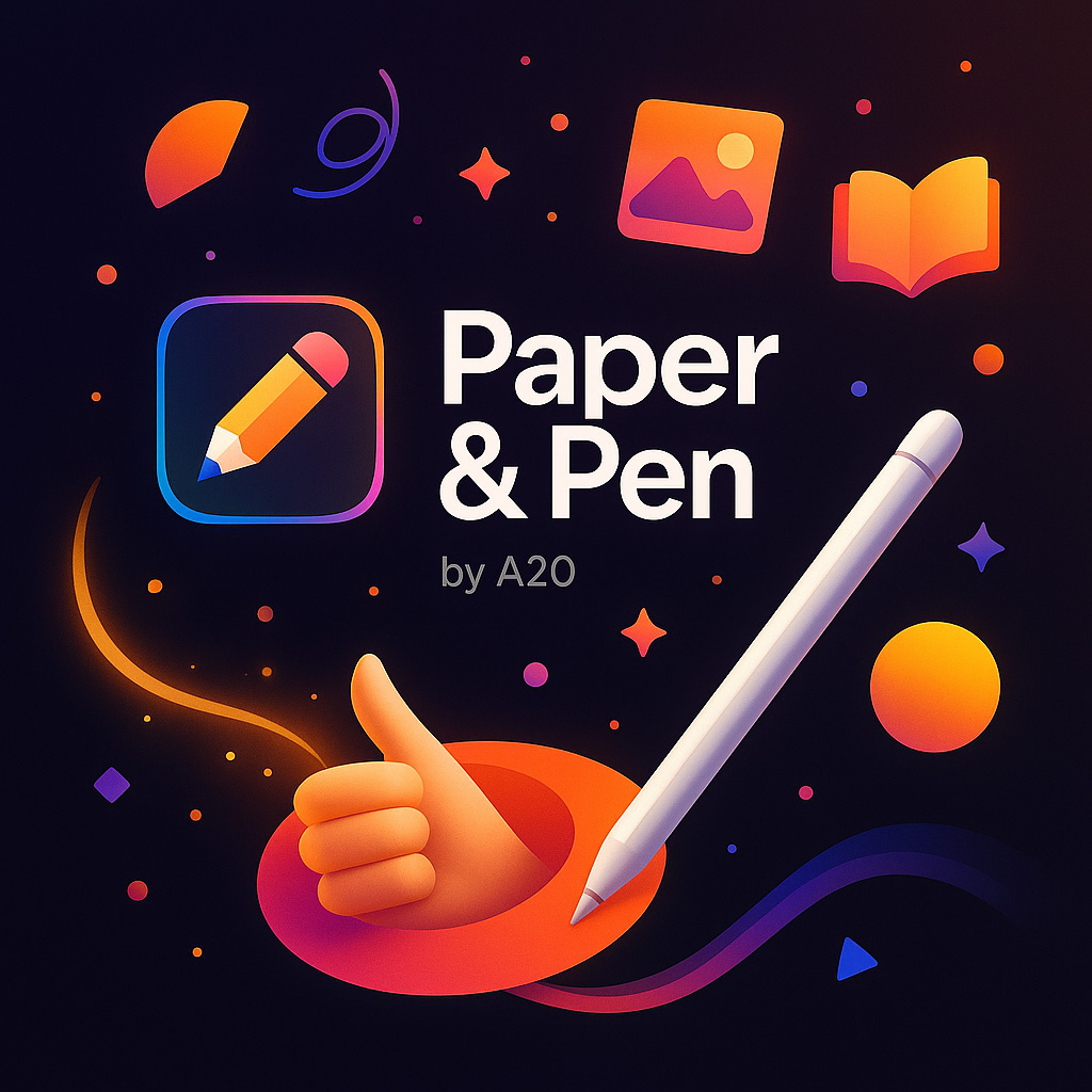 Colorful digital illustration showing a stylized pencil icon, the text 'Paper & Pen by A20,' a thumbs-up hand emerging from a circle, and a white digital pen on a dark background with orange and purple abstract shapes.