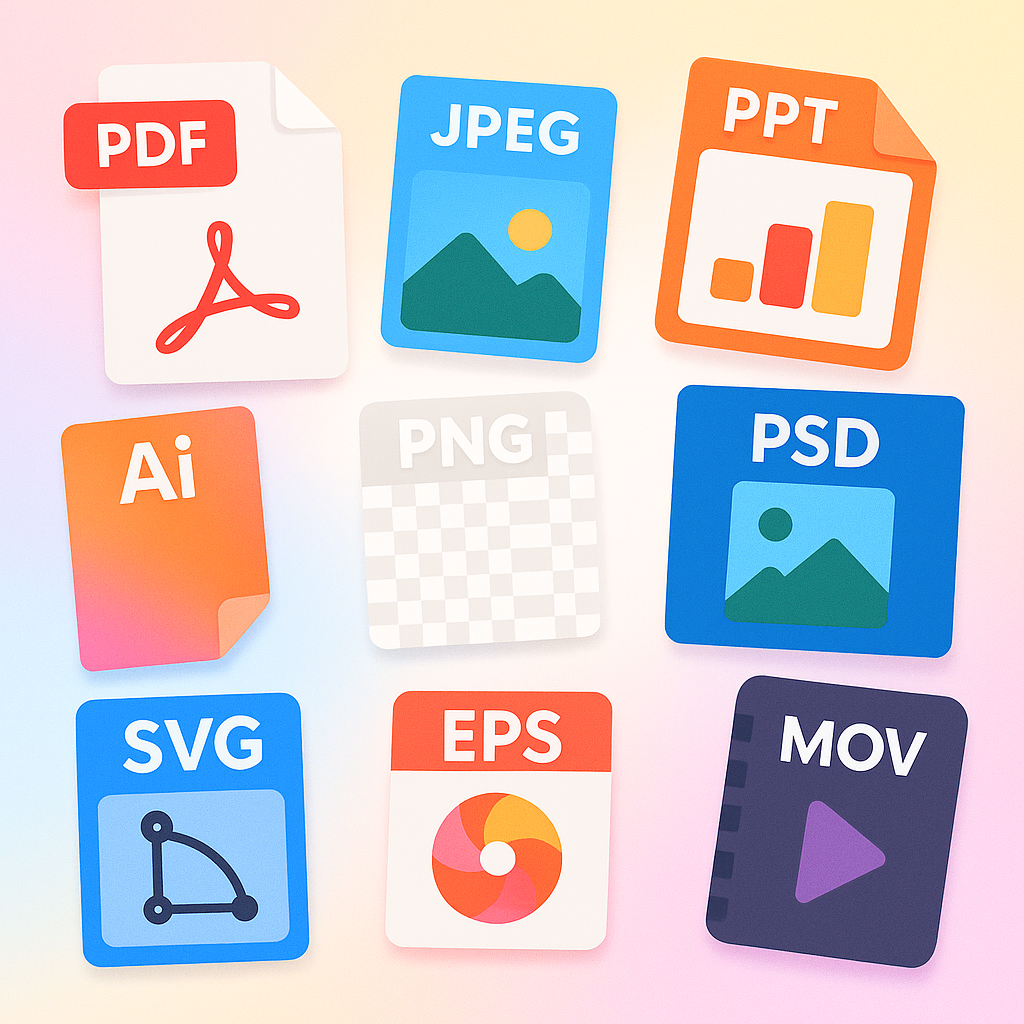 Icons representing common file formats including PDF, JPEG, PPT, AI, PNG, PSD, SVG, EPS, and MOV on a gradient background.