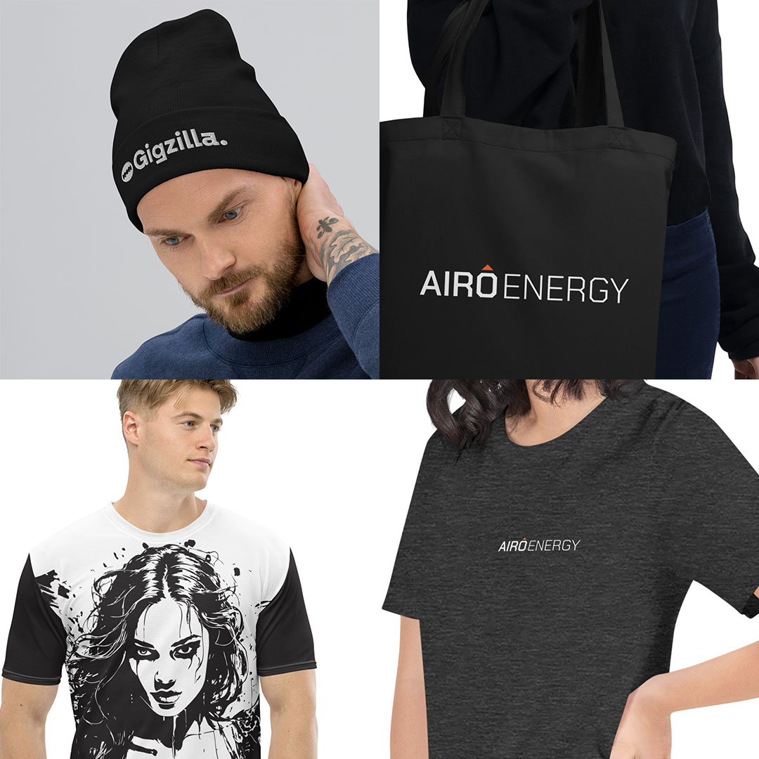 Four images showing wearable merchandise: a man wearing a black beanie with Gigzilla logo, a black tote bag with AIRO Energy logo, a man in a black and white graphic t-shirt with a woman's face, and a woman wearing a dark gray t-shirt with AIRO Energy logo.