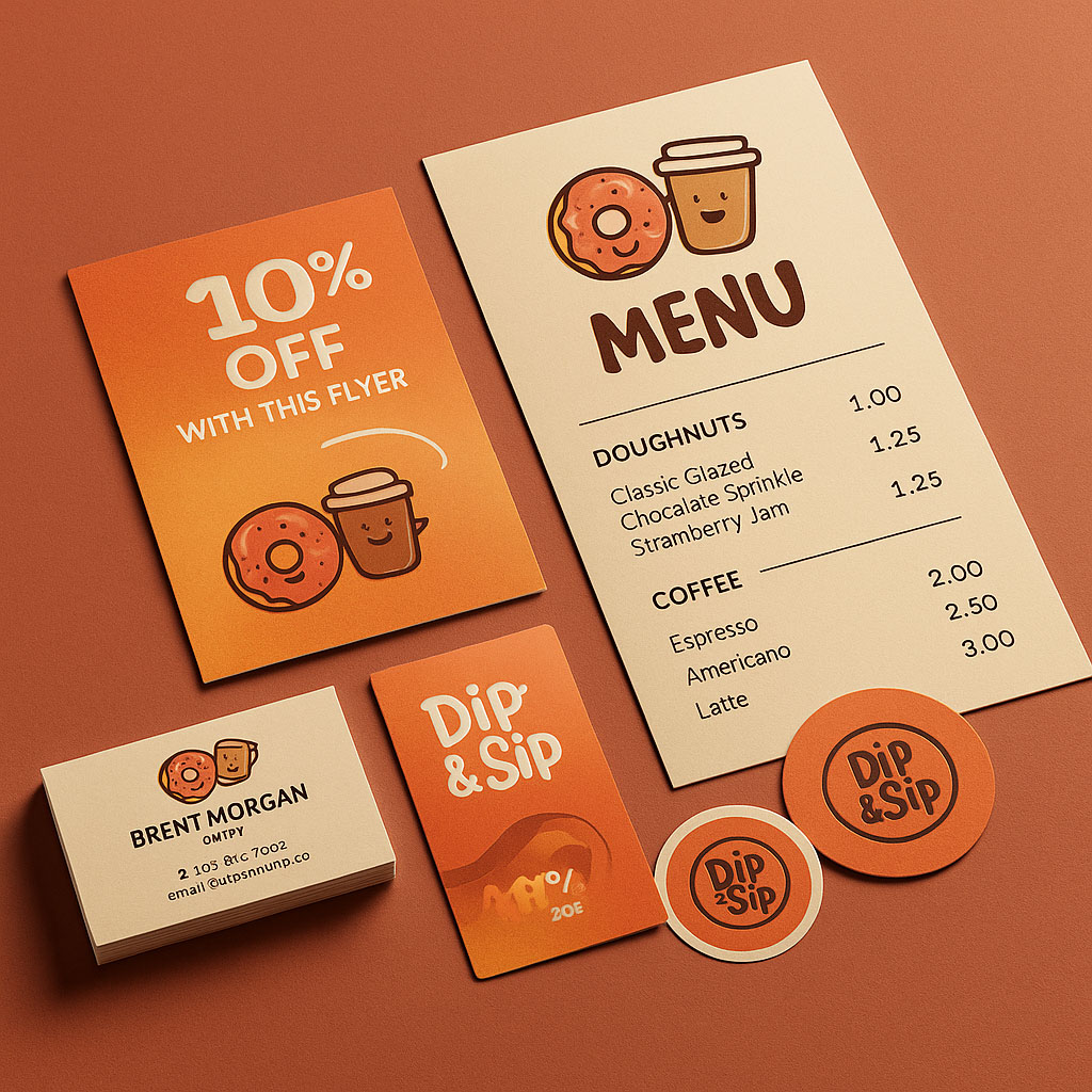 Set of Dip & Sip branding materials including a menu with doughnuts and coffee prices, a 10% off flyer, business cards, and round stickers on a brown surface.