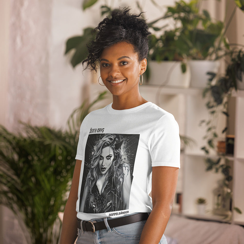 Smiling woman wearing a white t-shirt with a black and white graphic of a woman with horns and smudged makeup, labeled 'The Death Rays Doppelgänger'.