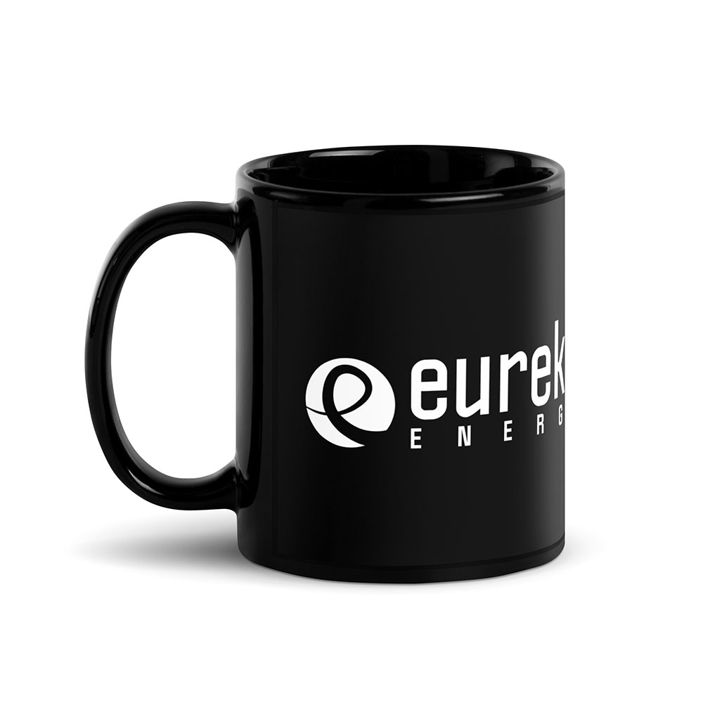 Black glossy ceramic mug with handle on the left featuring white Eureka Energy logo and text.