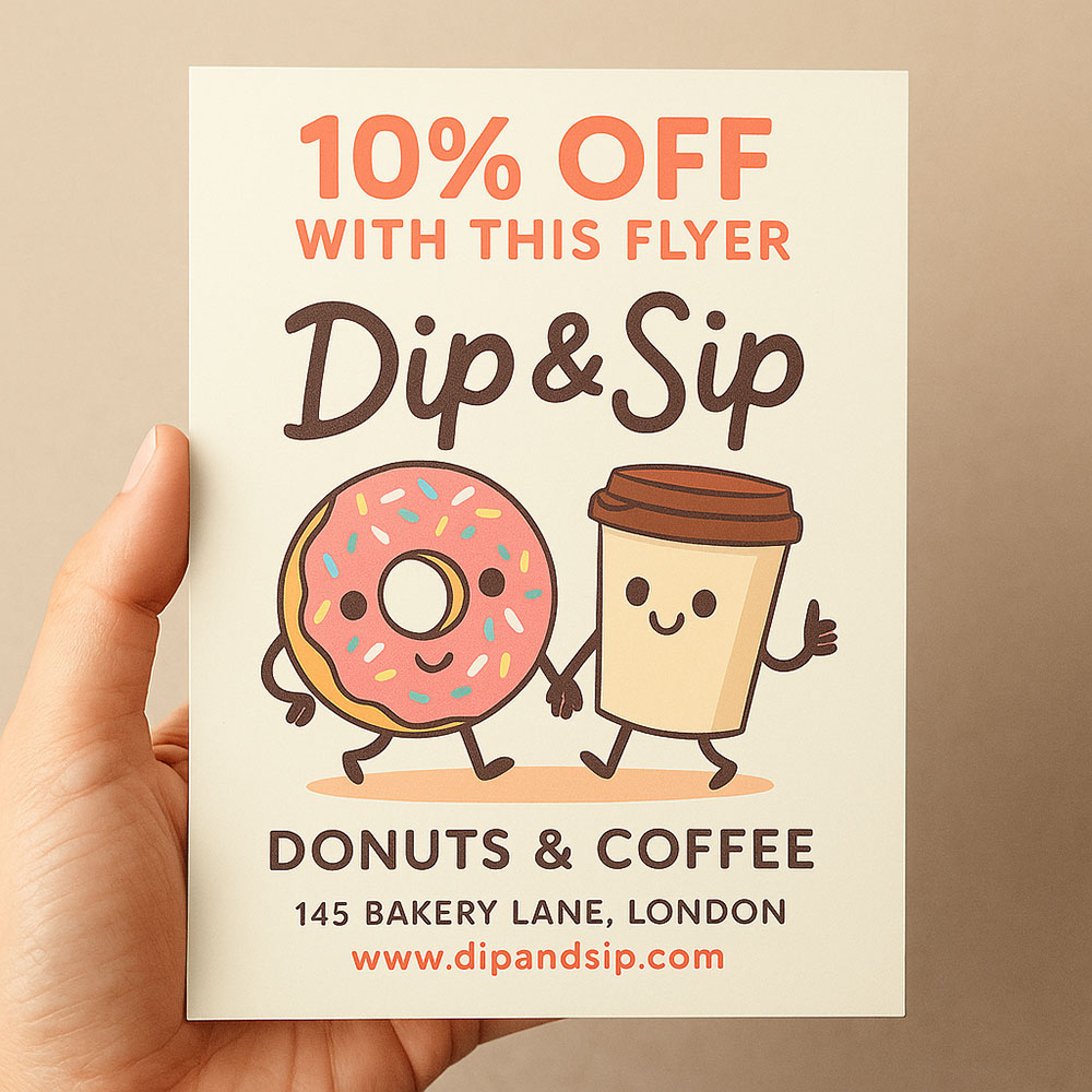 Flyer offering 10% off at Dip & Sip featuring a smiling donut with pink frosting and sprinkles holding hands with a happy coffee cup.