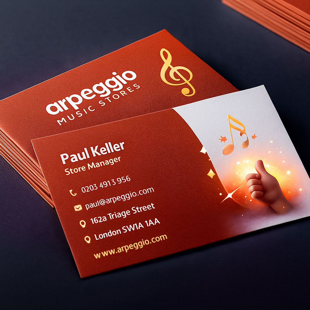 Business cards for Arpeggio Music Stores featuring Paul Keller, Store Manager, with contact details and a musical note logo with a thumbs-up graphic.