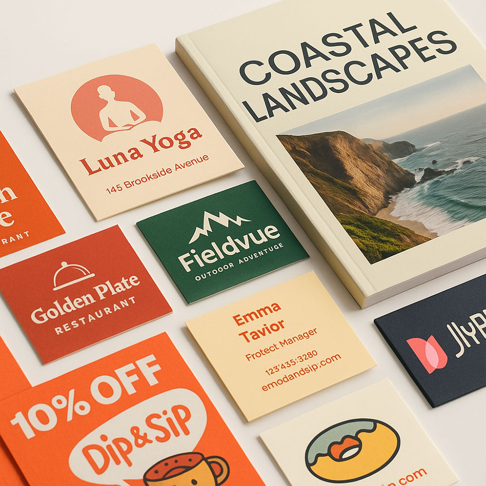 Arrangement of colorful business cards including Luna Yoga, Fieldvue outdoor adventure, Golden Plate restaurant, and discount for Dip & Sip, alongside a book titled 'Coastal Landscapes' featuring a coastal cliff and ocean photo.