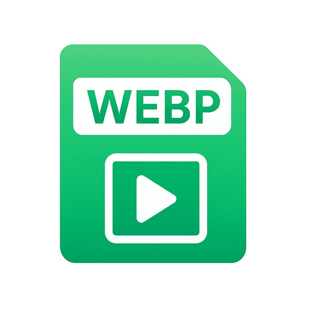 Green file icon with label WEBP and a play button symbol indicating a WEBP video or animation file.