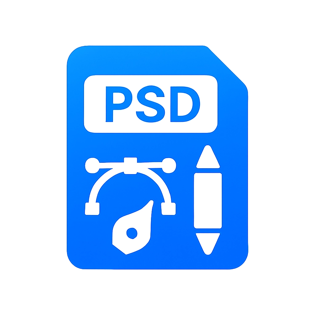 Blue icon of a PSD file with graphic design pen tool and pencil symbols.