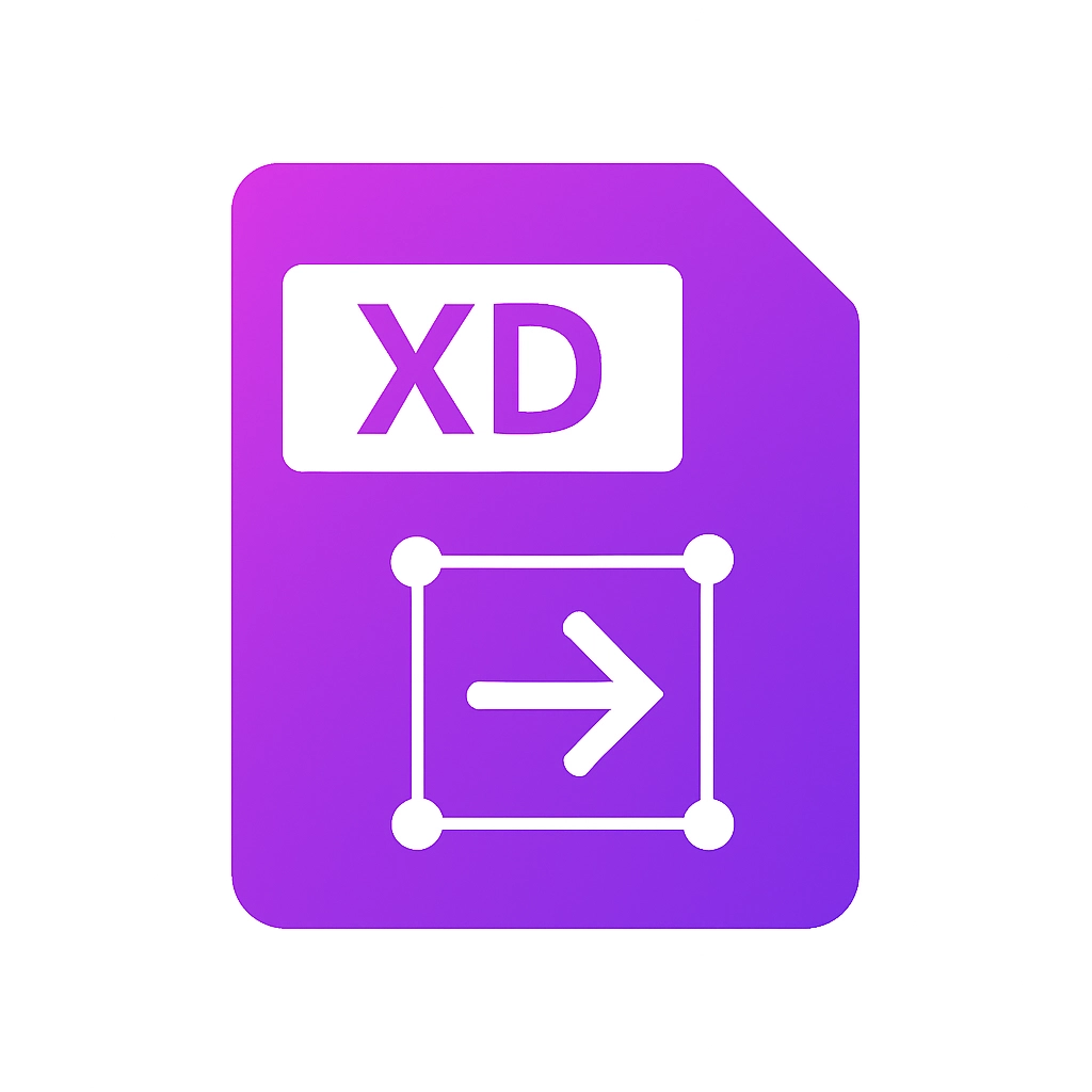 Purple document icon with 'XD' text and a white arrow inside a bounding box.