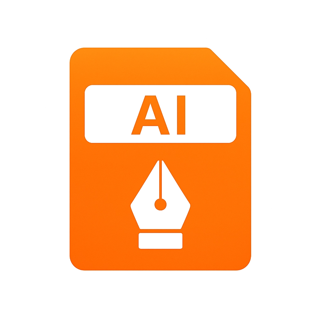 Orange file icon with 'AI' text and a white pen nib symbol, representing an Adobe Illustrator file.