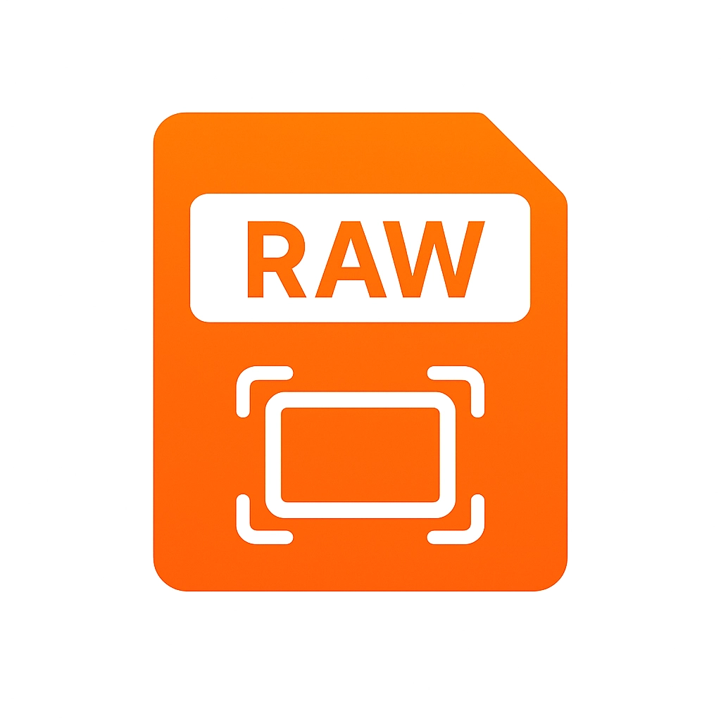 Orange icon representing a RAW image file format with a camera viewfinder symbol.