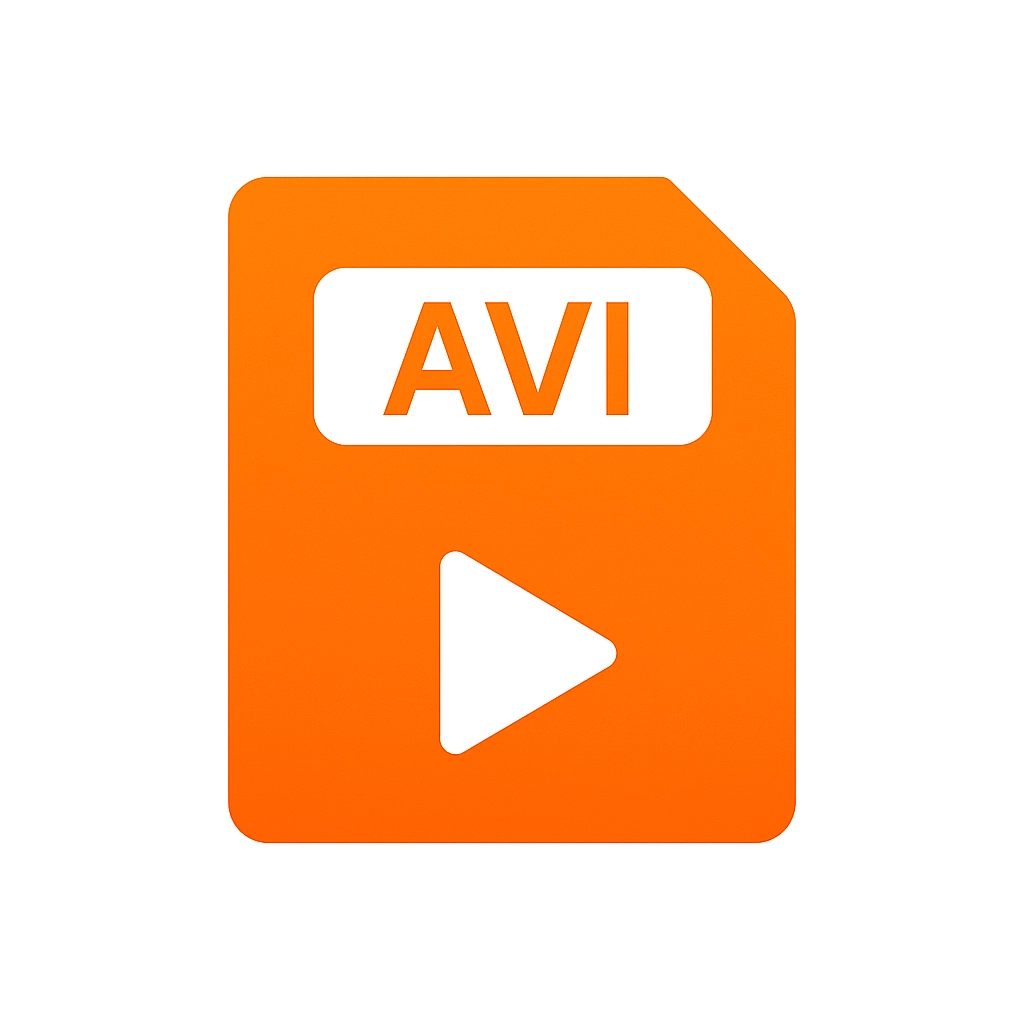 Orange file icon with white AVI text and play button symbol representing a video file format.