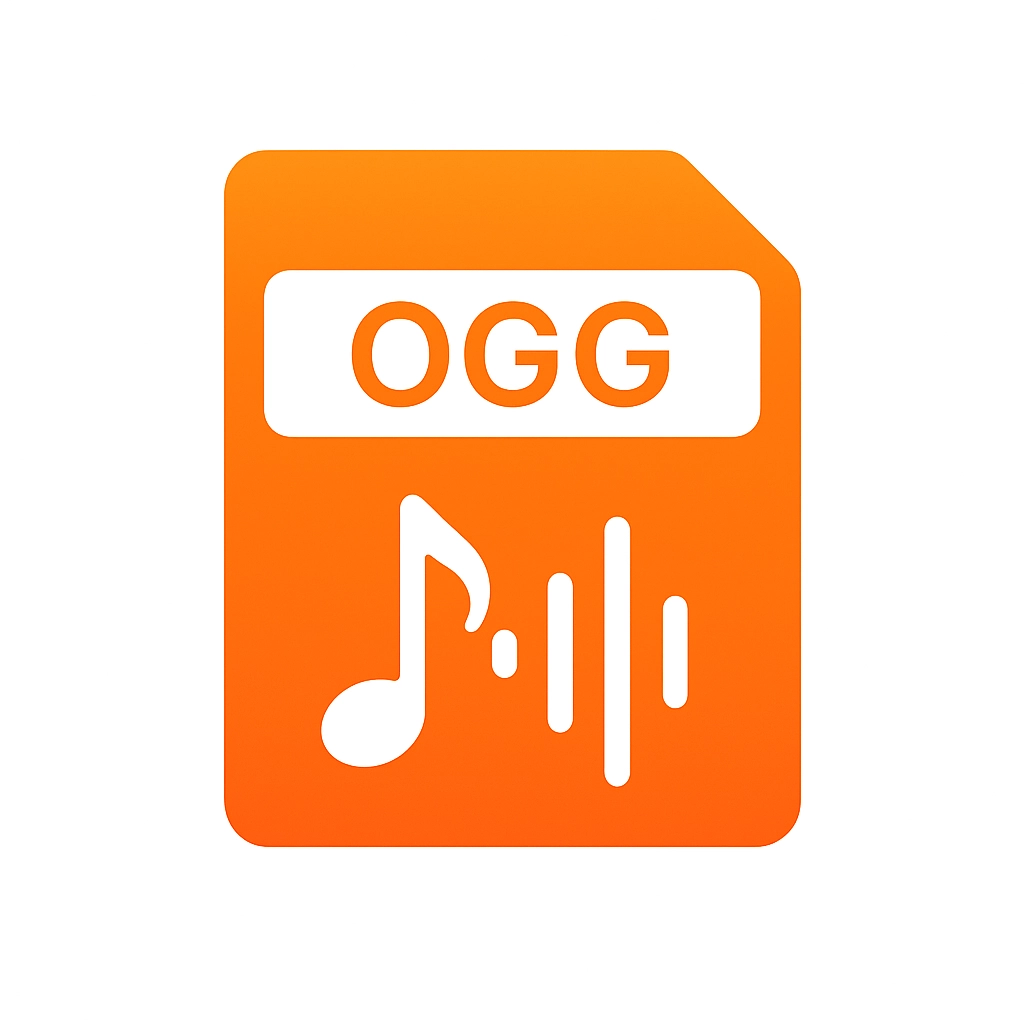 Orange digital file icon labeled OGG with a music note and sound waves symbol.