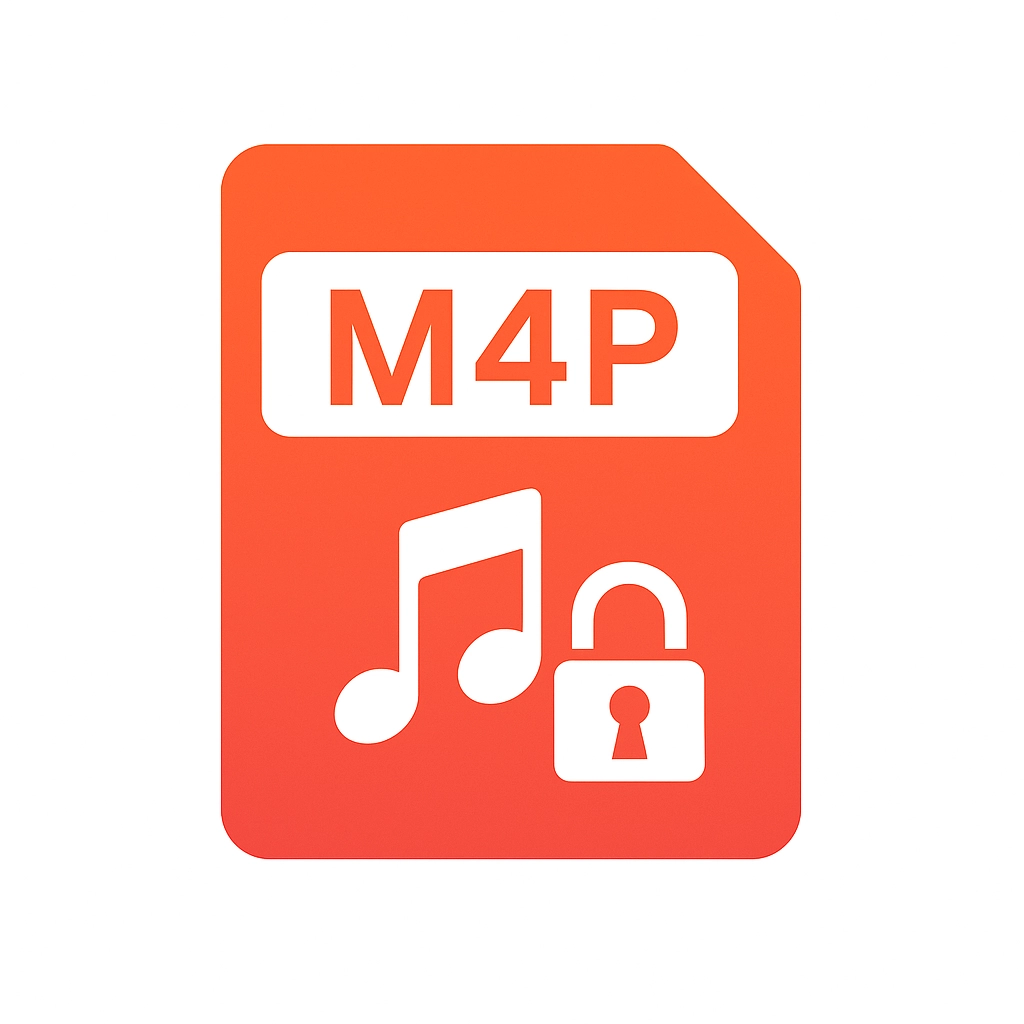 Orange M4P file icon with a musical note and padlock symbol representing protected audio format.