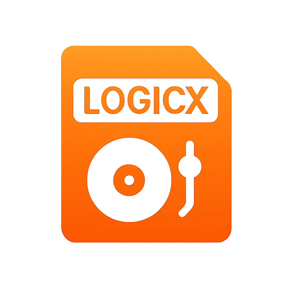 Orange file icon with the word LOGICX and a white vinyl record and tonearm graphic.
