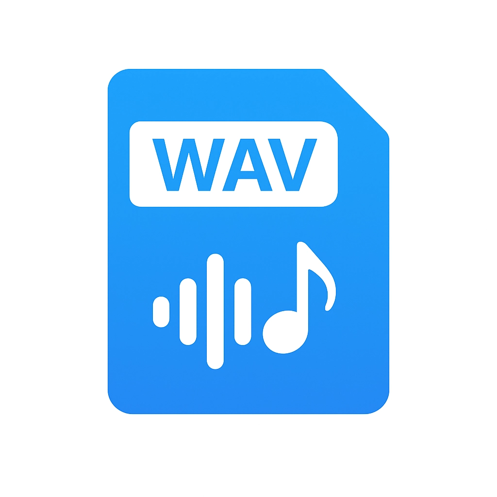 Blue icon of a WAV audio file featuring a soundwave and musical note symbol.