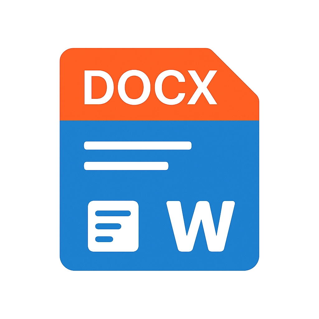 Icon of a DOCX file with orange top and blue bottom featuring a white document symbol and the letter W.
