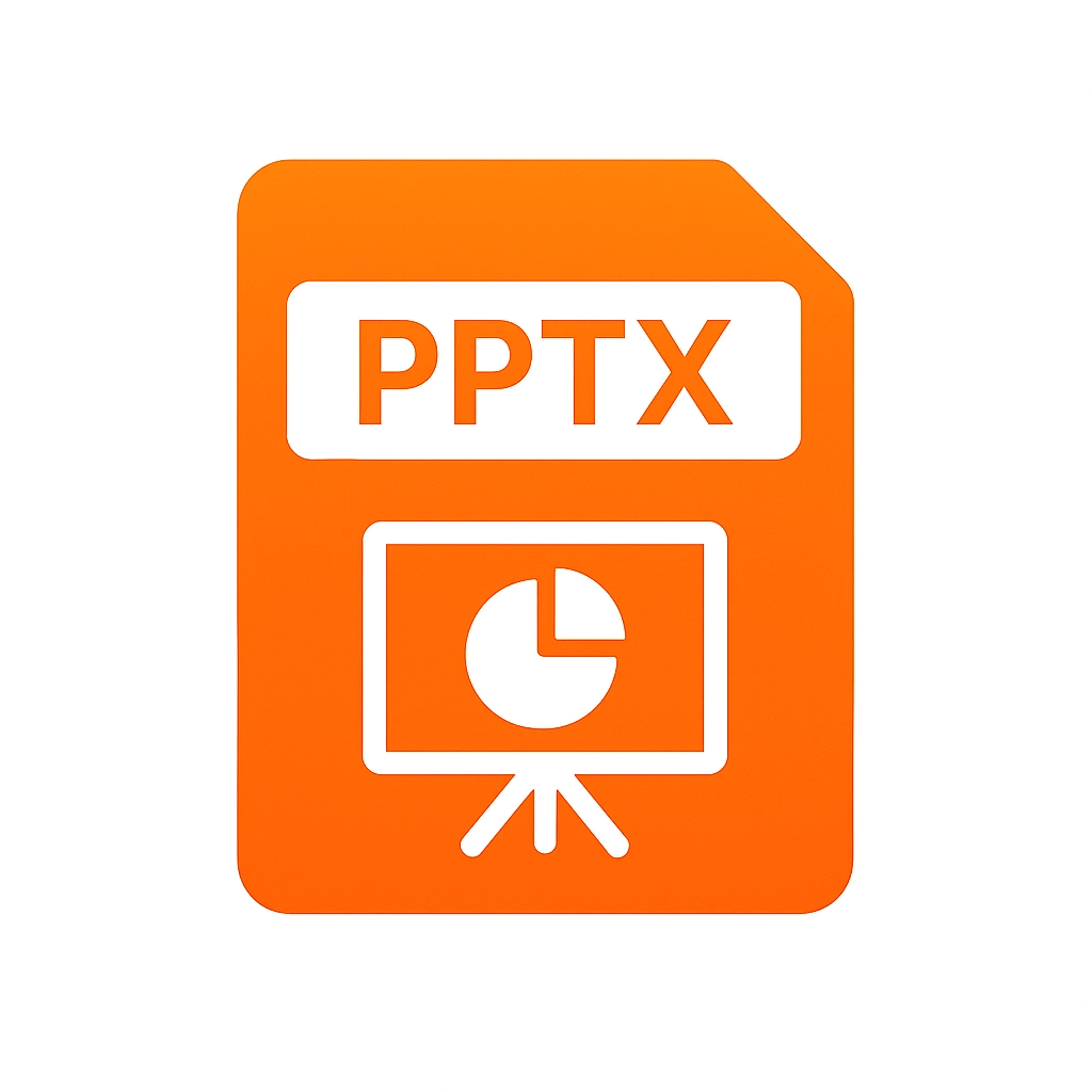 Orange PPTX file icon with a presentation board and pie chart graphic.