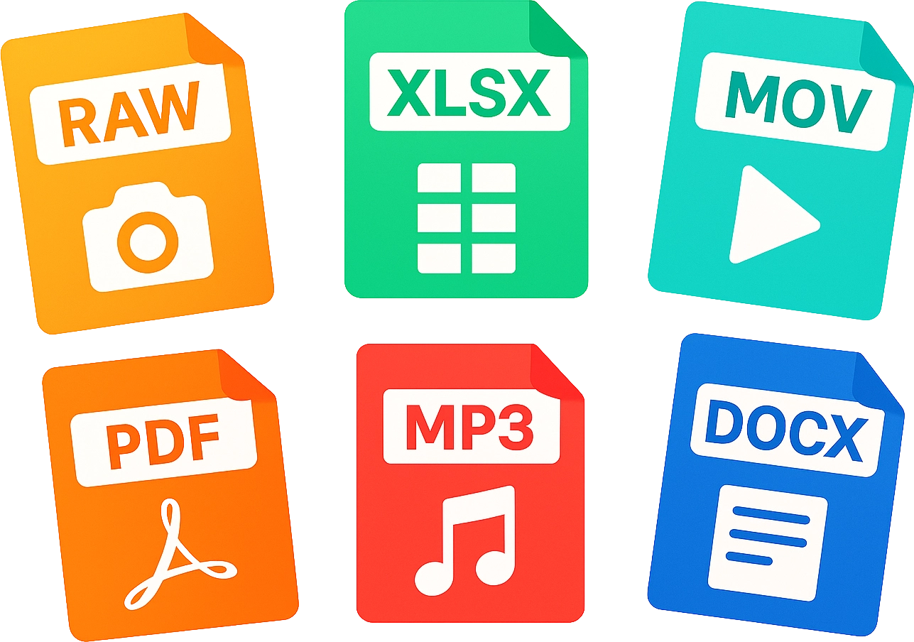Icons representing six different file types: RAW photo, XLSX spreadsheet, MOV video, PDF document, MP3 audio, and DOCX text document.