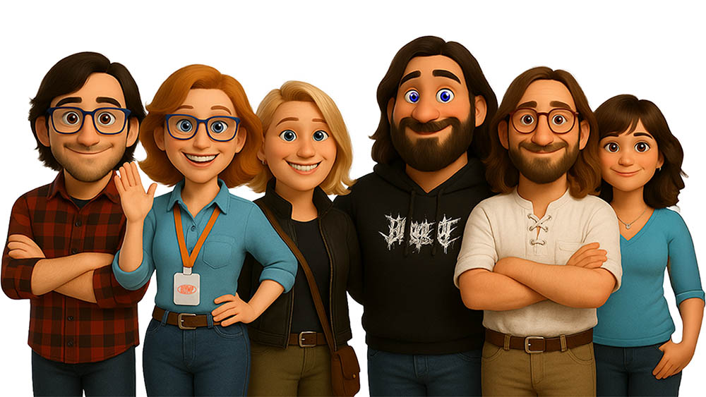 Six diverse animated characters standing together, smiling, with one woman waving and others with arms crossed or relaxed.