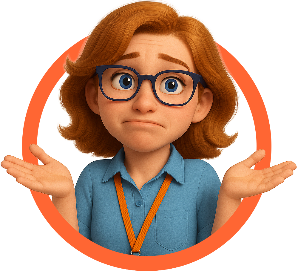 Animated woman with red hair and glasses shrugging with a confused expression, wearing a blue shirt and orange lanyard.