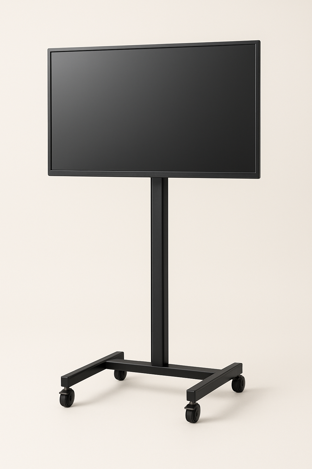 Black flat screen mounted on a mobile stand with four caster wheels on a light background.