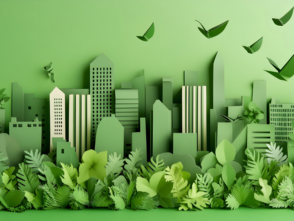 Green city skyline integrated with leaves and nature, representing sustainable development and environmental management systems under ISO 14001.