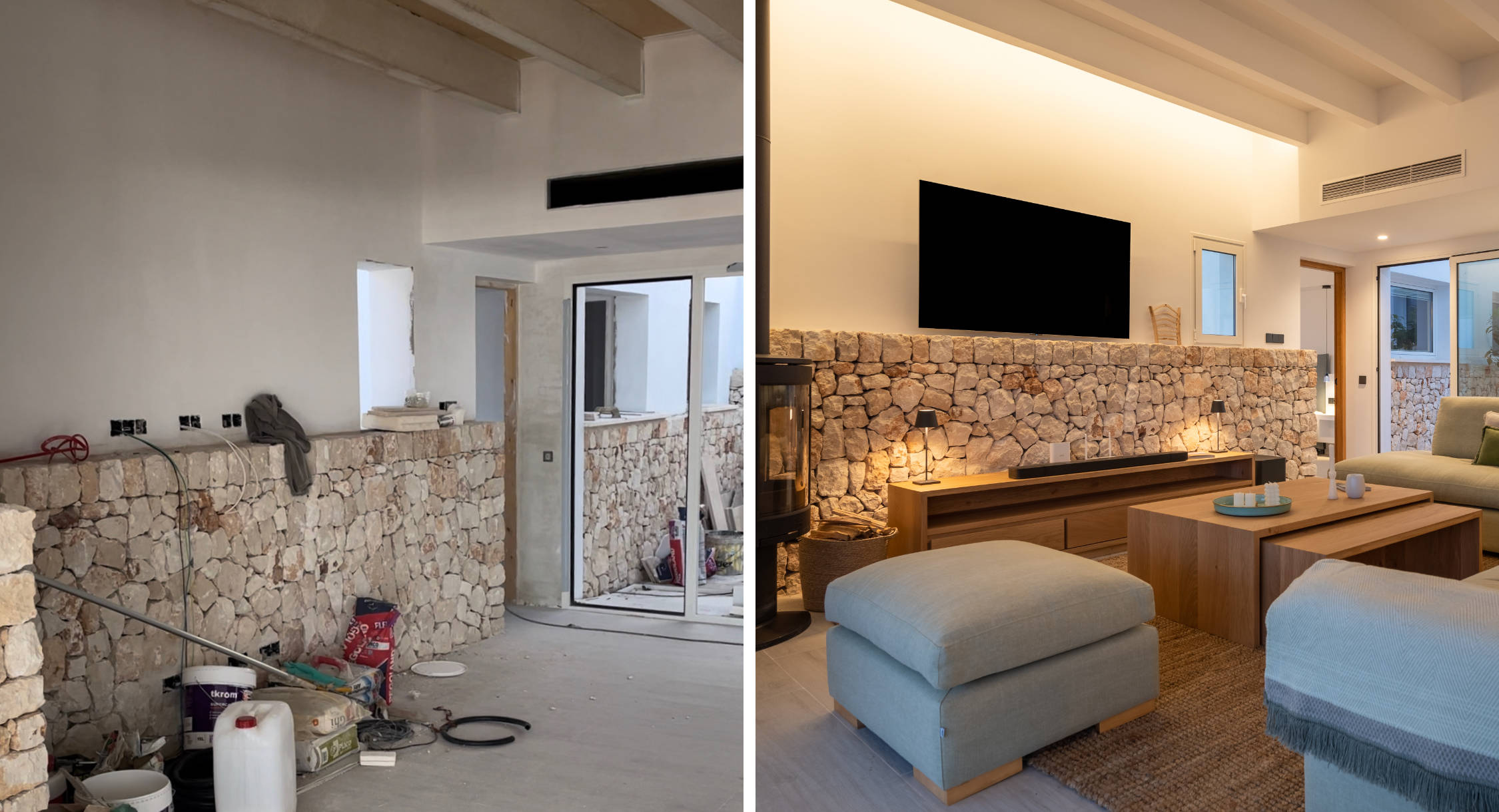 Before and after living room renovation with rustic “pared seca” stone wall in Menorca home – transformation from construction to modern, cozy and mediterranean interior design