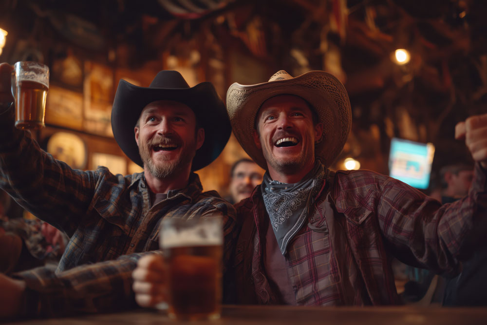 Two men wearing cowboy hats and smiling at the camera.