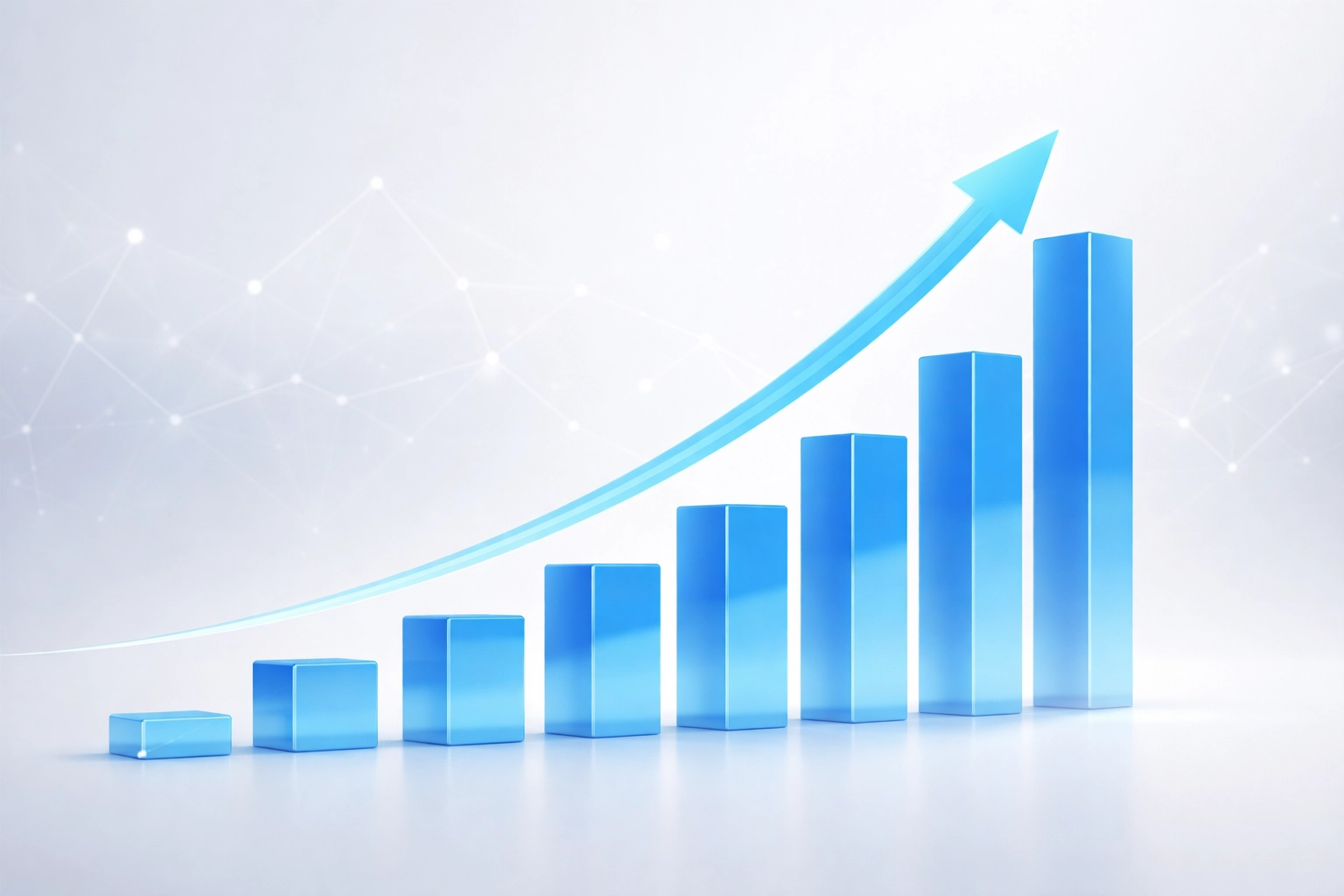 A stylized upward growth chart with blue bars and data nodes, representing scalable merchant onboarding and AI-driven efficiency for ISOs and PayFacs.