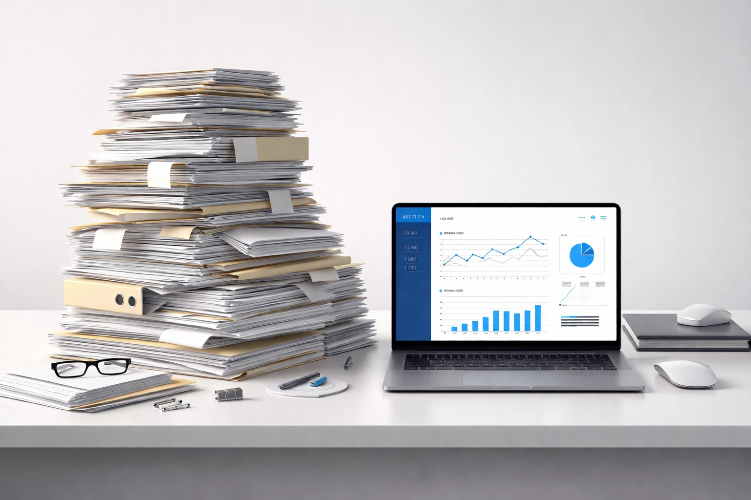A cluttered desk with paperwork beside a modern laptop dashboard, illustrating the shift from manual underwriting to AI credit scoring in merchant onboarding.