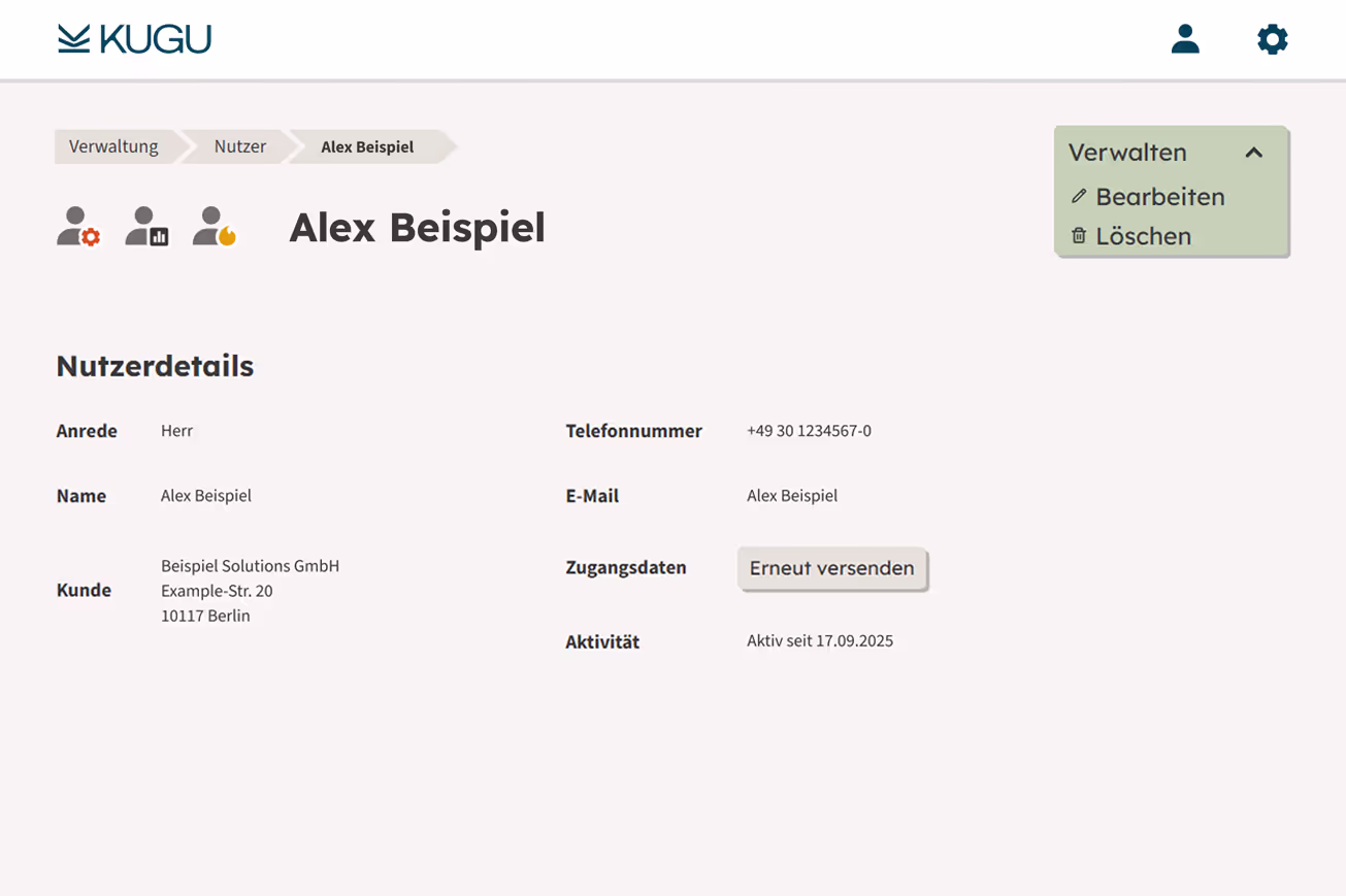 Screenshot des KUGU Nutzerportal mit Menü zum Bearbeiten von Mitarbeitern