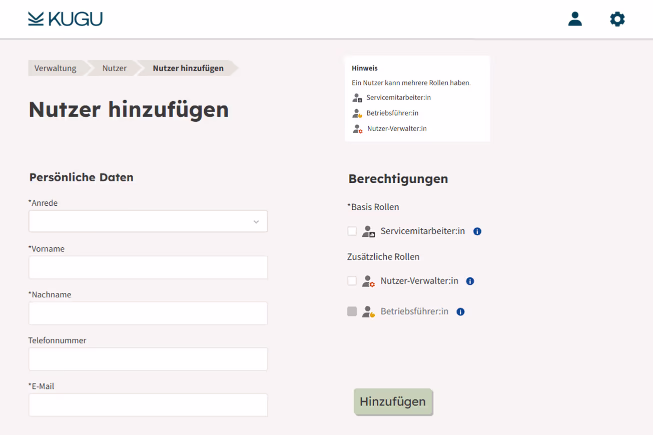 Screenshot des KUGU Nutzerportal mit Menü zum Hinzufügen eines neues Mitarbeiters